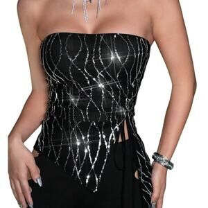 Going Out Top Black w/ Silver Contrast Sequin Drawstring Side Tube  Top Medium